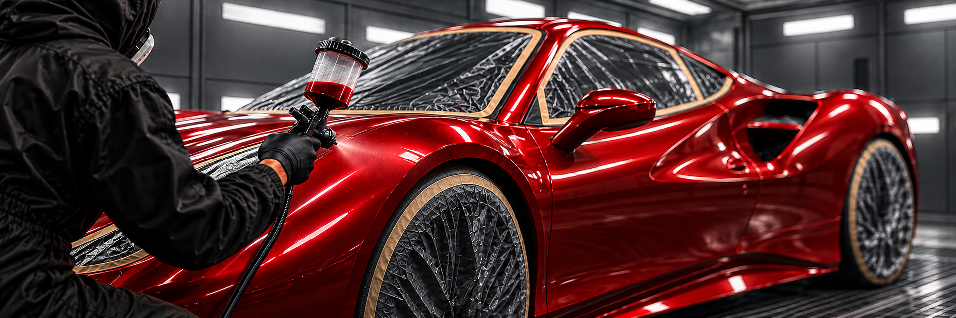 Lackierer lackiert einen Sportwagen in Candy-Rot